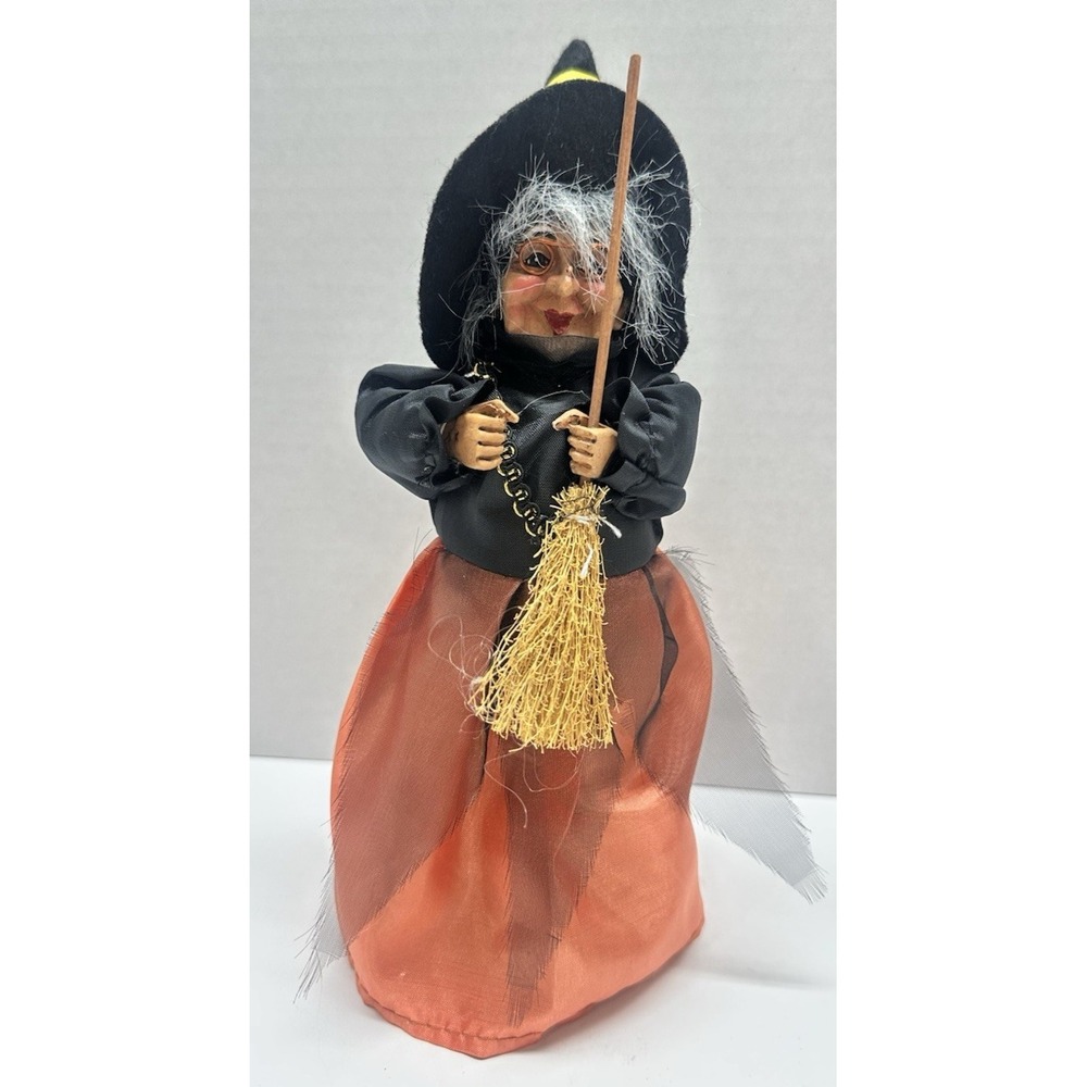 Vintage Halloween Witch W/ Broom 10" Unique Halloween Witch Decor